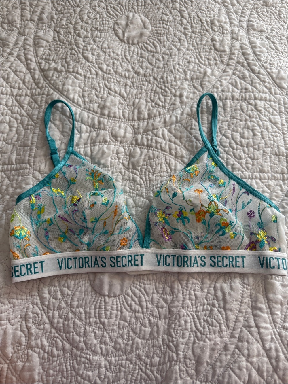 Victoria's Secret Teal Floral Mesh Embroidered Bralette